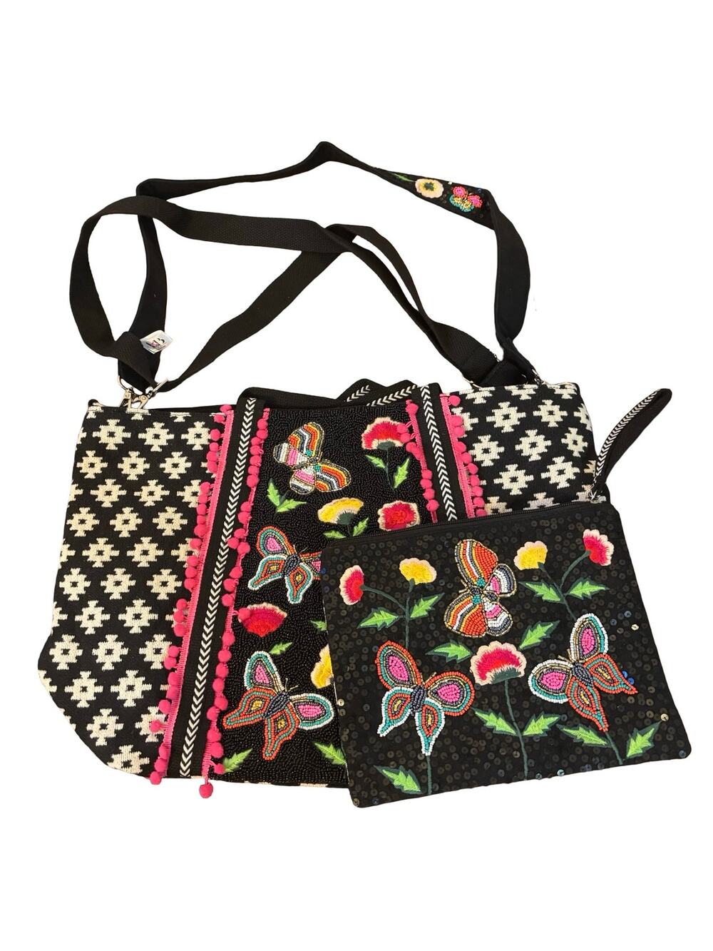 NWT! America & Beyond Beaded Butterfly Floral Tote Bag Matching Clutch